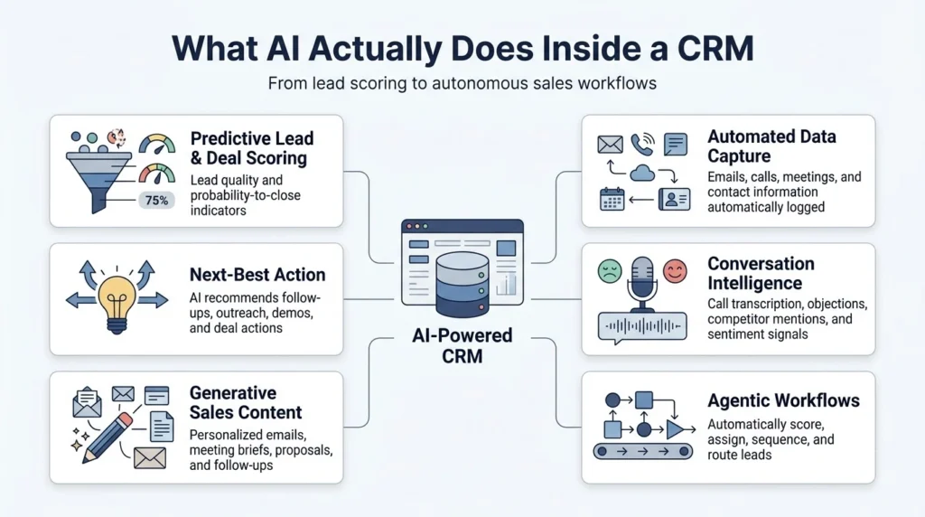 AI CRM capabilities infographic 202608120226